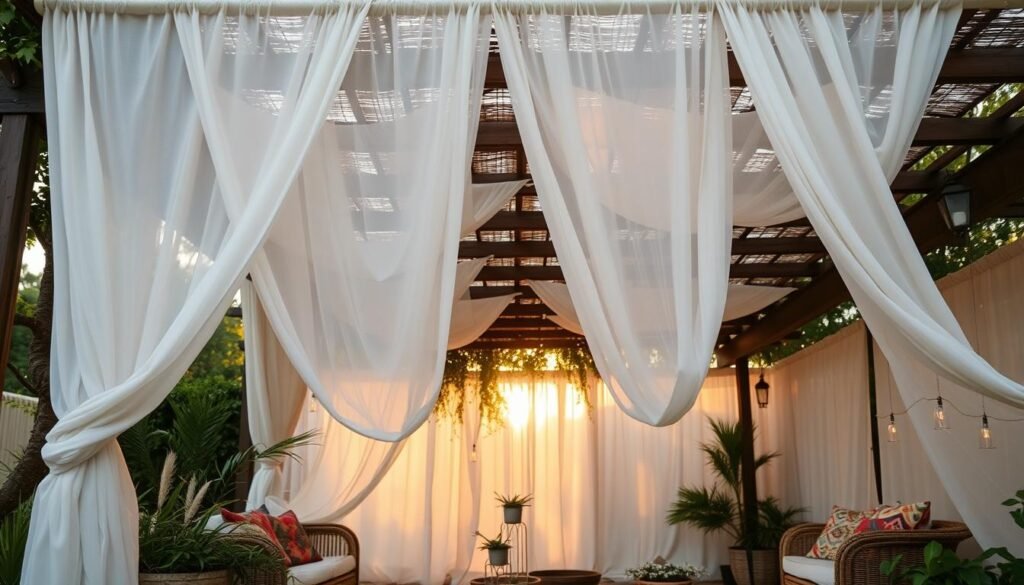 Flowing white canopy drapes on a boho outdoor patio