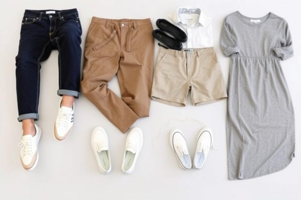 Four casual outfit combinations featuring off white shoes