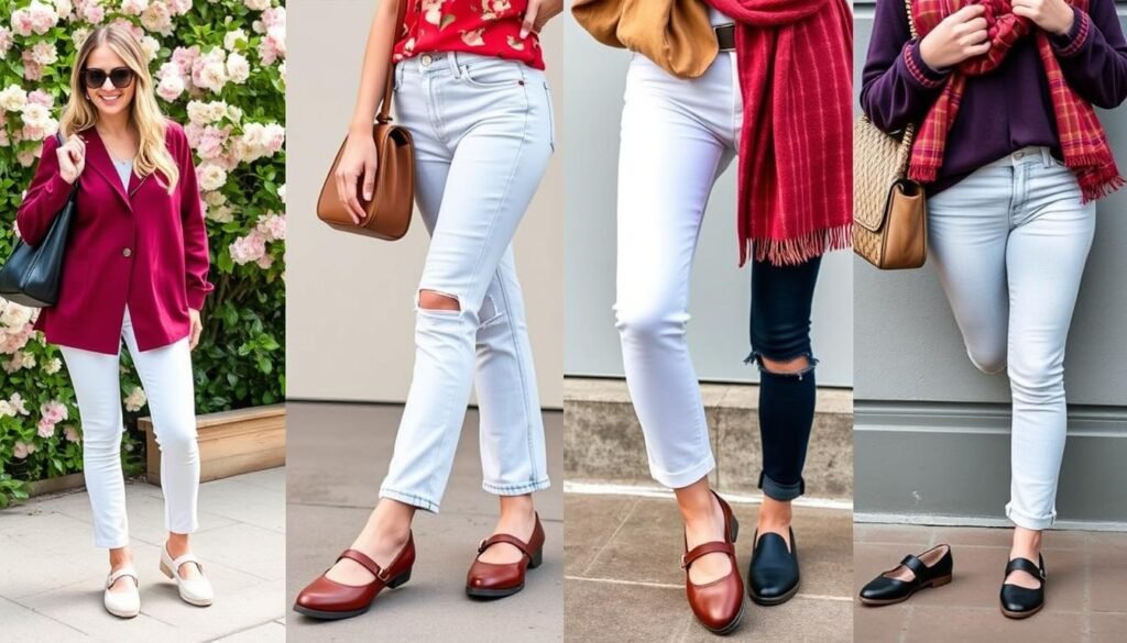 Four outfit combinations showing mary jane shoes with jeans for each season