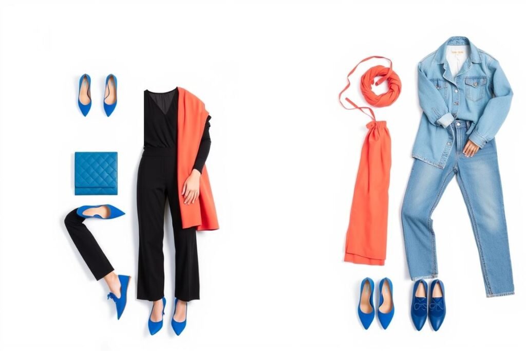 Four outfit examples showing different color combinations with blue shoes