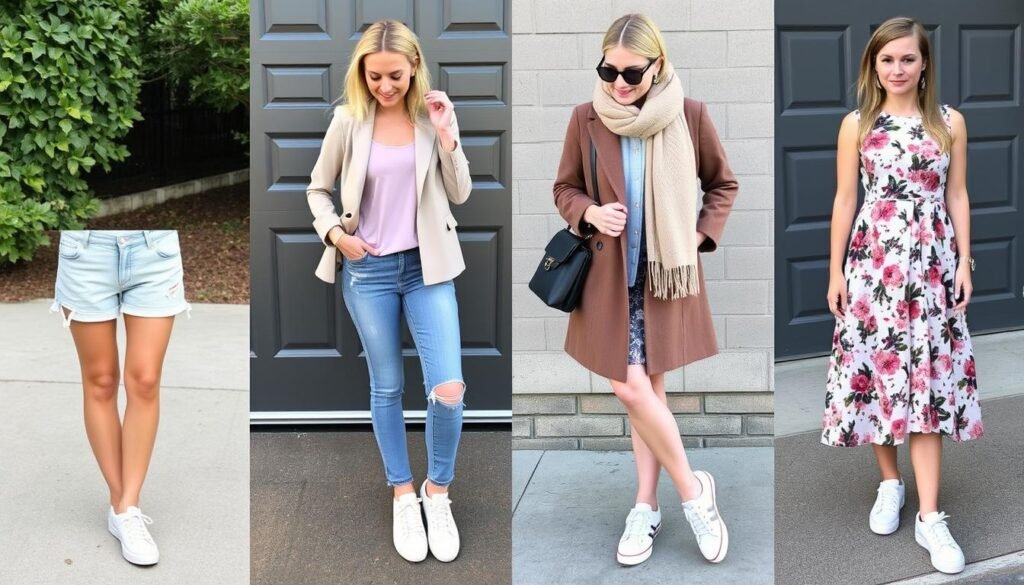 Four seasonal outfits featuring white tennis shoes