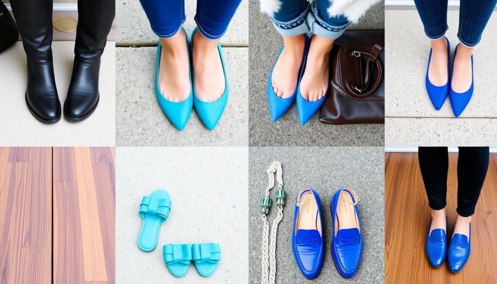 Four seasonal styling options for blue shoes from winter to fall