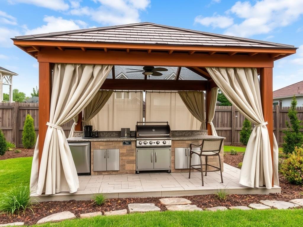 Freestanding gazebo housing outdoor grill station