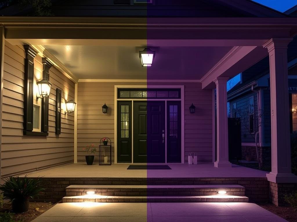 Front porch with layered lighting showing different fixture types working together