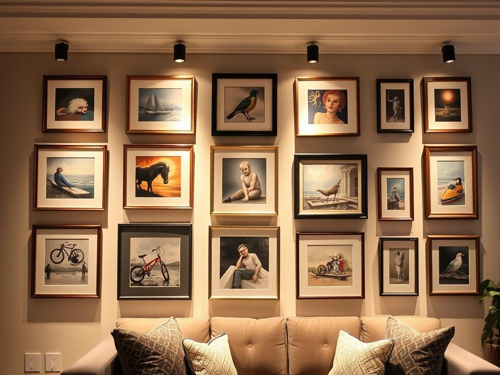 Gallery wall with picture lights illuminating artwork