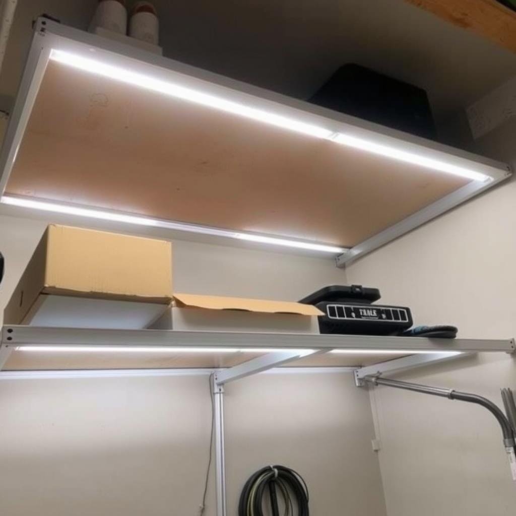 Garage storage shelves with dedicated lighting