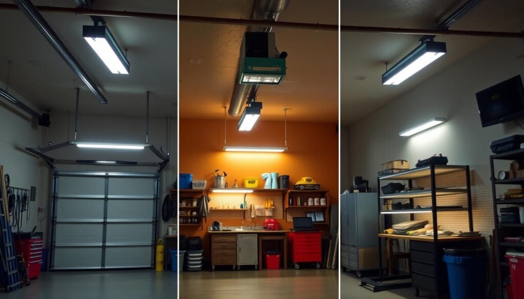 Garage with different lighting zones for parking, workshop, and storage areas
