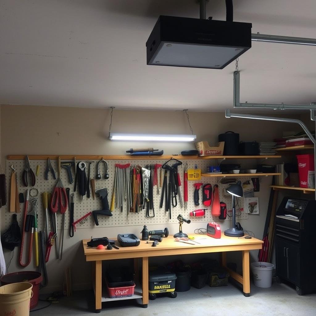 Garage workshop area with task and overhead lighting