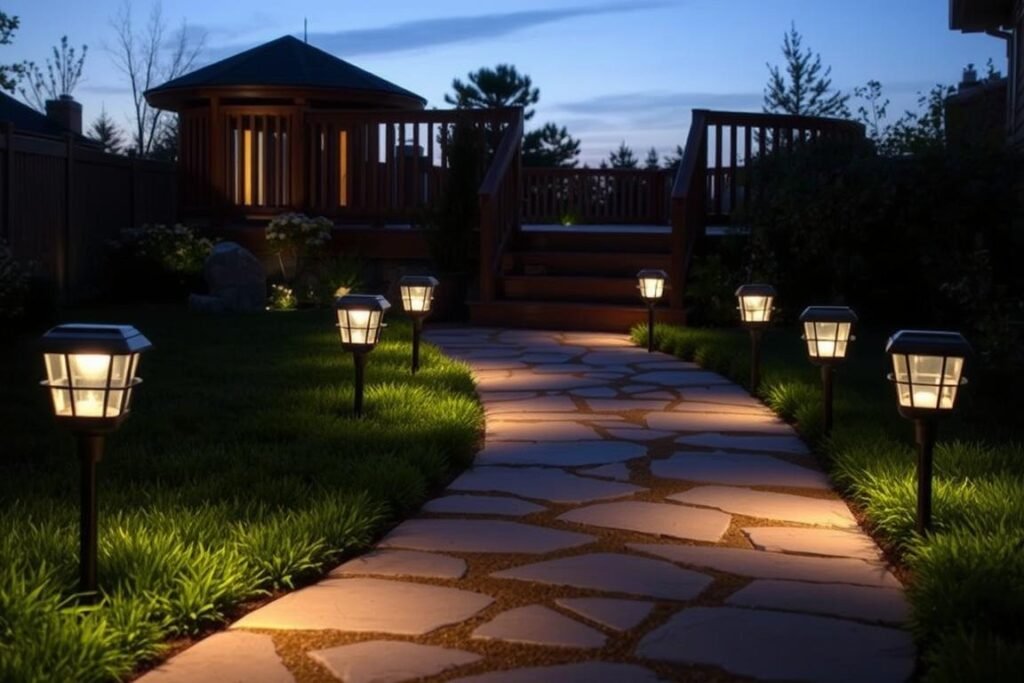 Garden path leading to a deck illuminated with solar path lights Garden path leading to a deck illuminated with solar path lights