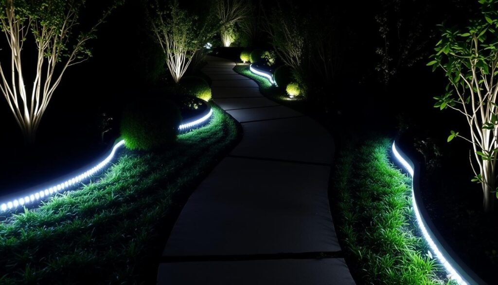 Garden path with LED strip lights along the edges