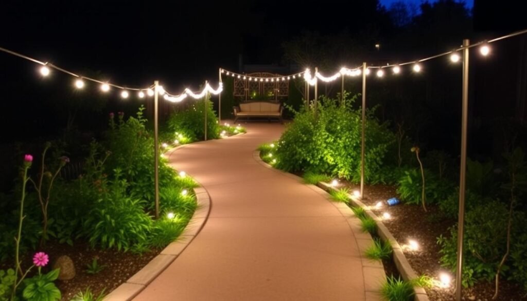 Garden pathway illuminated with outdoor string lighting along the edges Garden pathway illuminated with outdoor string lighting along the edges