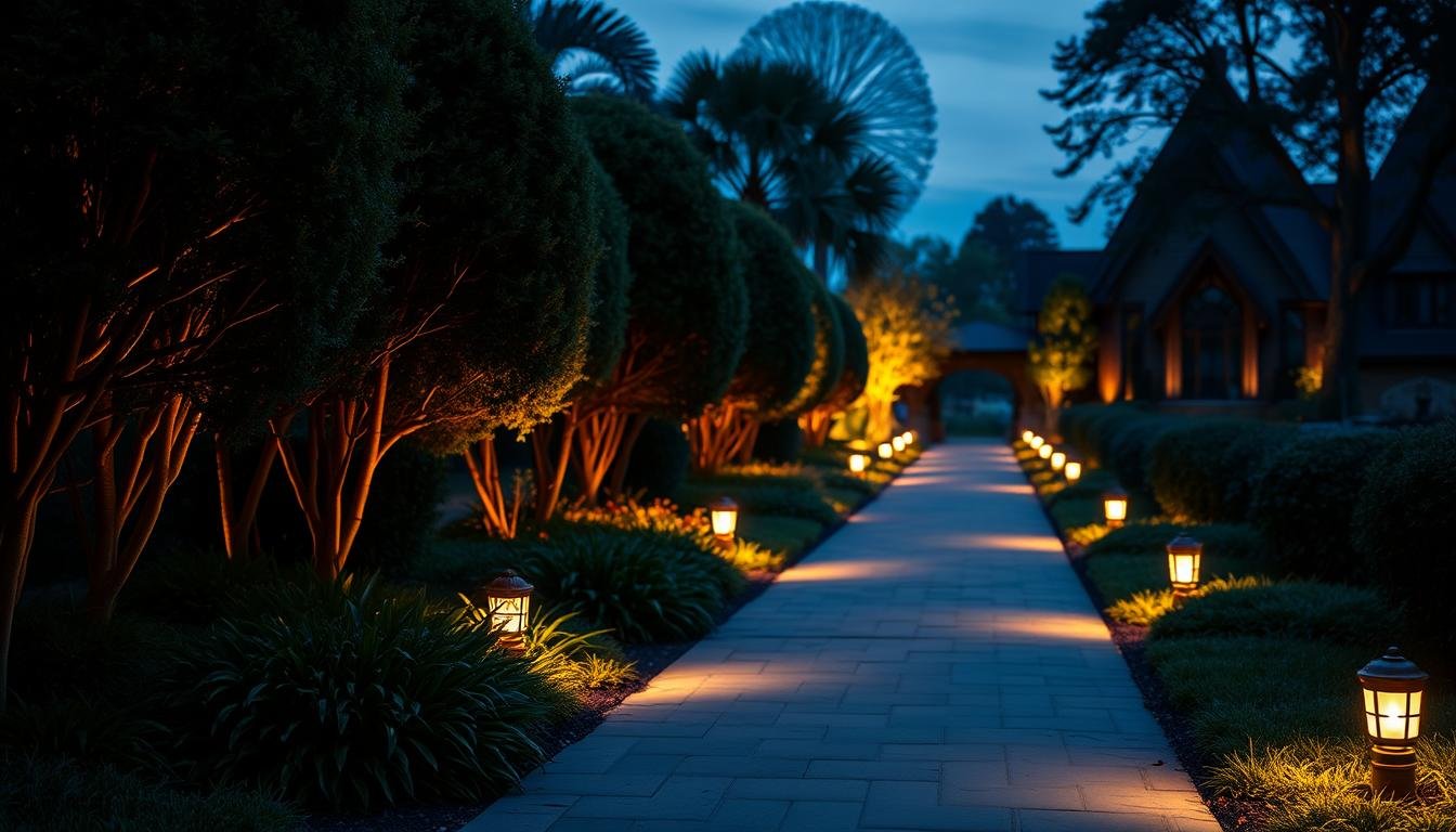 Garden pathway illuminated with soft glowing path lights at dusk