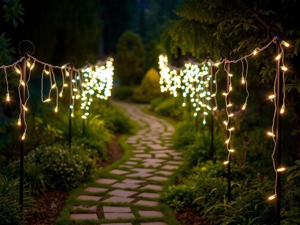 Garden pathway illuminated with string lights on shepherd's hooks