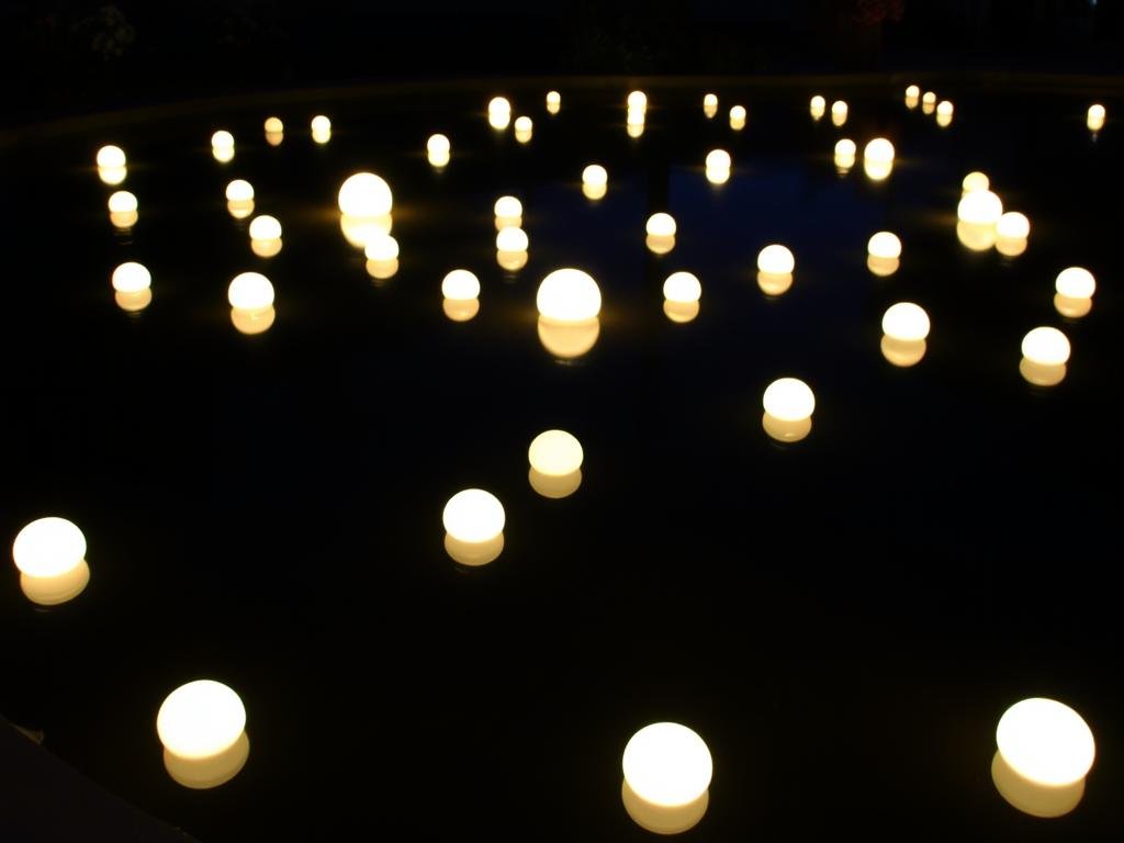 Garden pond with floating lights creating a magical nighttime display