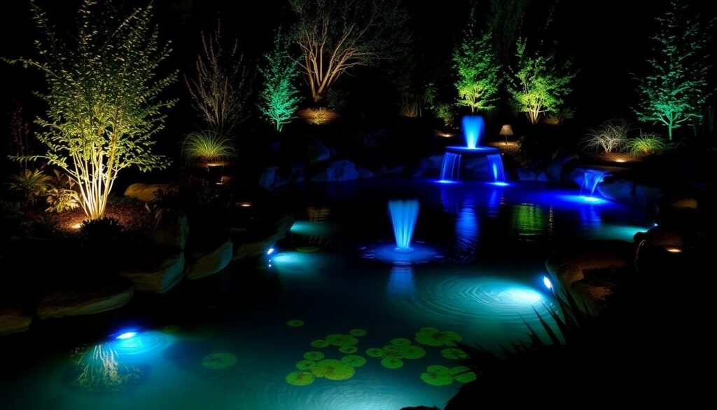 Garden pond with underwater lights creating a glowing effect at night