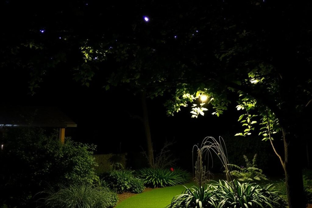 Garden with lights placed high in trees creating a moonlight effect below