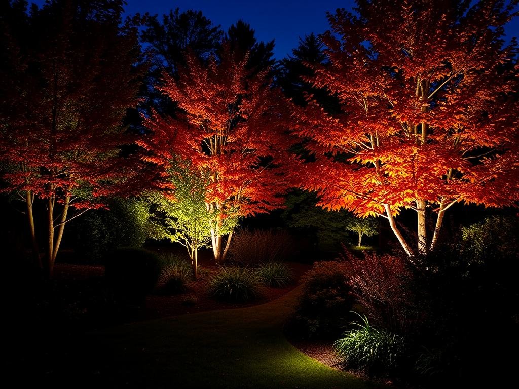 Garden with seasonal lighting display highlighting fall foliage