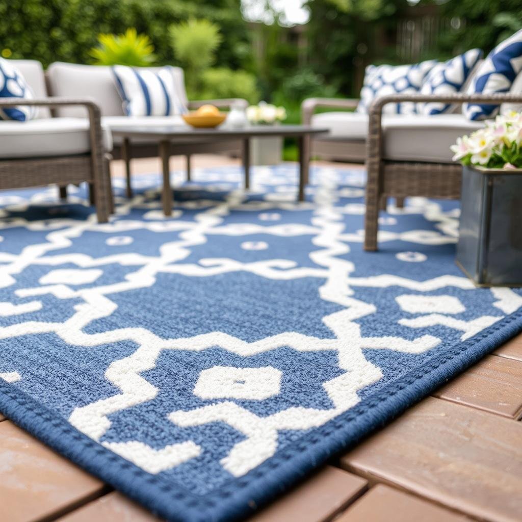 Geometric patterned outdoor rug defining a patio seating area