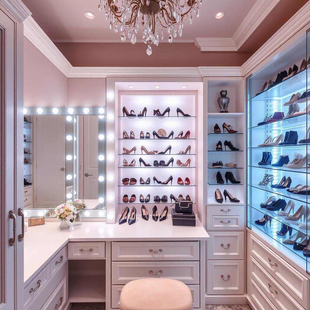 Glamorous dressing room with vanity lighting and illuminated shoe display