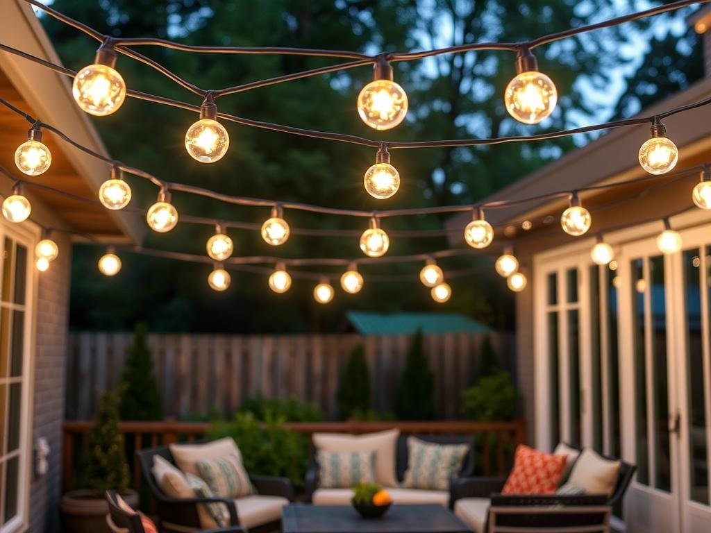 Globe patio string lights hanging over a backyard patio