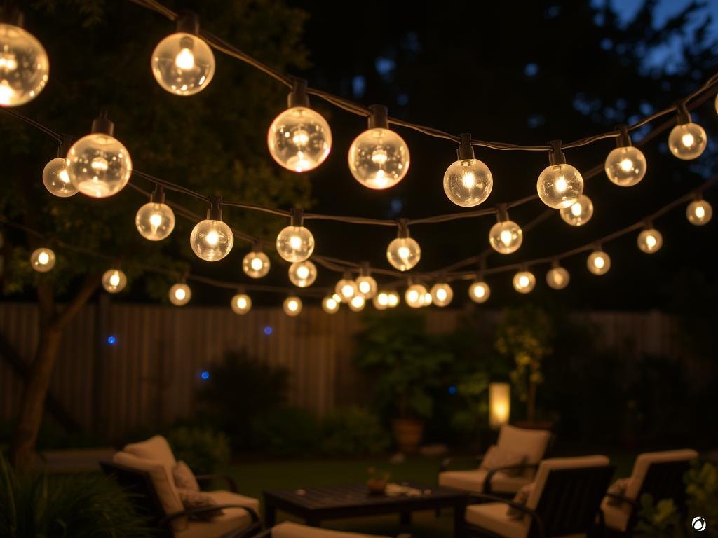 Globe string lights outdoor illuminating a backyard space