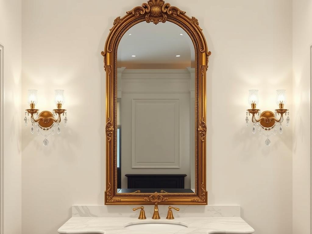 Gold-framed ornate bathroom mirror creating a luxurious focal point