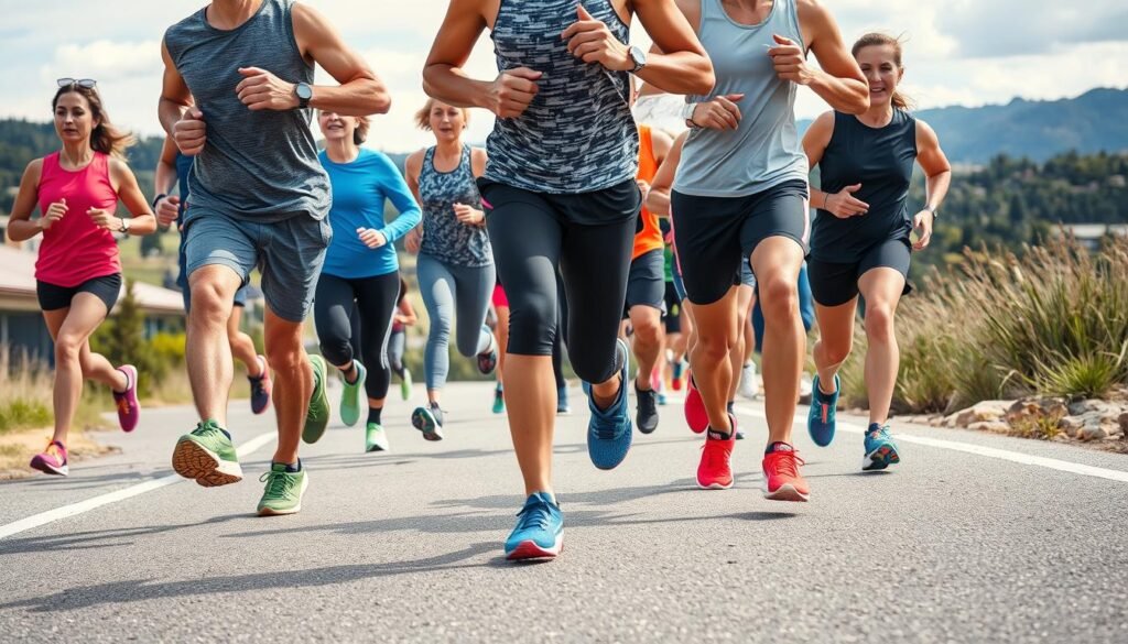 Group of diverse runners wearing various ASICS shoe models on a scenic running path
