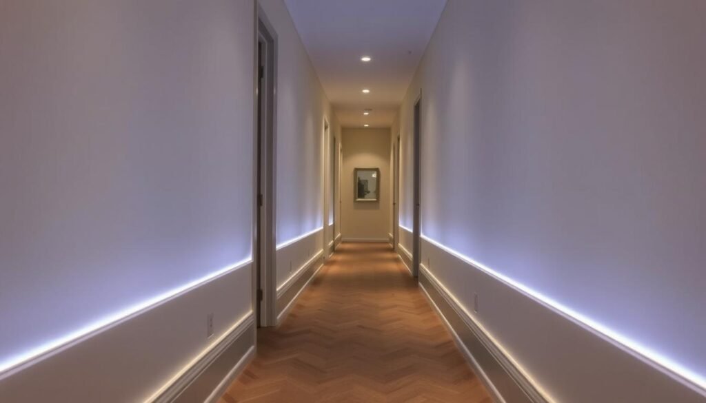 Hallway with LED strip lights installed along the baseboards