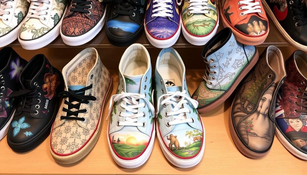 Hand-painted funky shoes featuring artistic designs, patterns and custom artwork
