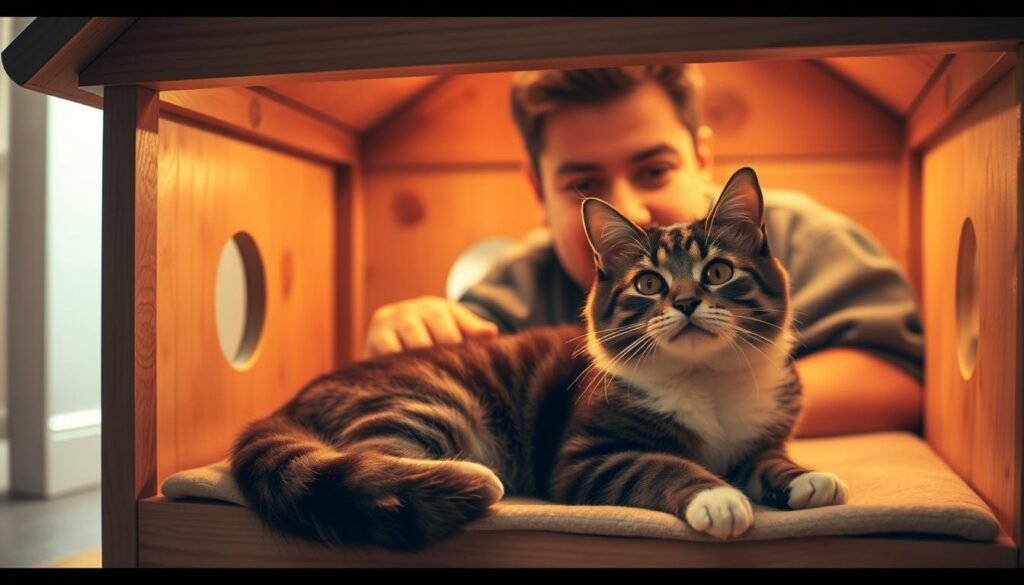 Happy cat lounging in a completed DIY cat house with proud owner nearby