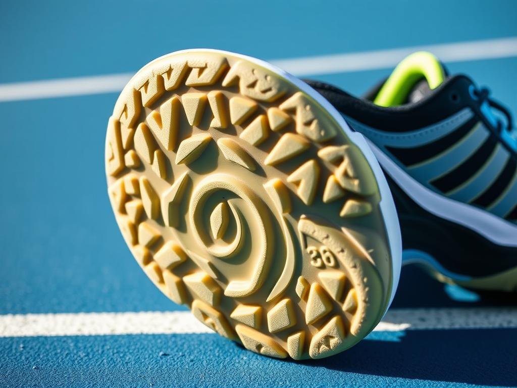 Hard court tennis shoes showing durable outsole pattern for concrete surfaces