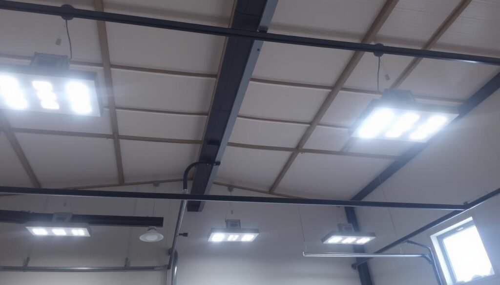 High bay LED lights installed in tall garage ceiling
