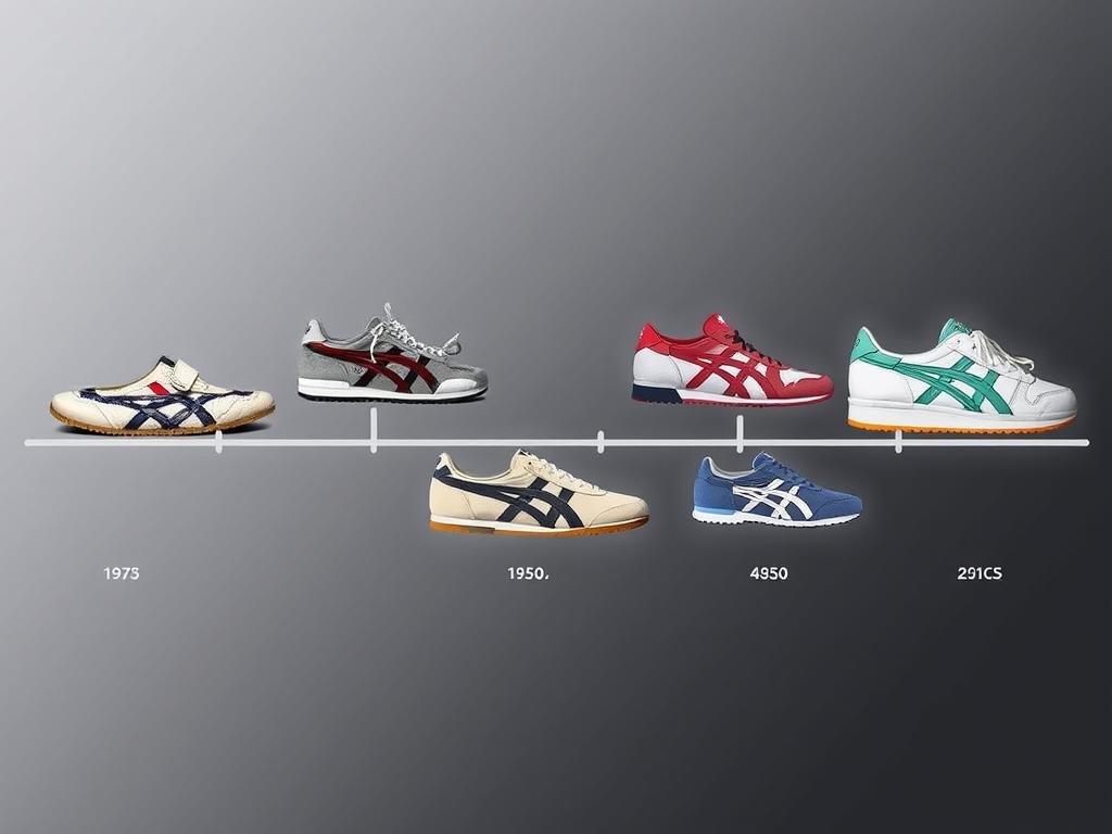 Historical image showing the evolution of ASICS shoes from early designs to modern models