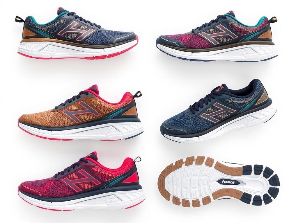 Hoka Clifton shoes shown from multiple angles, highlighting their lightweight design and balanced cushioning