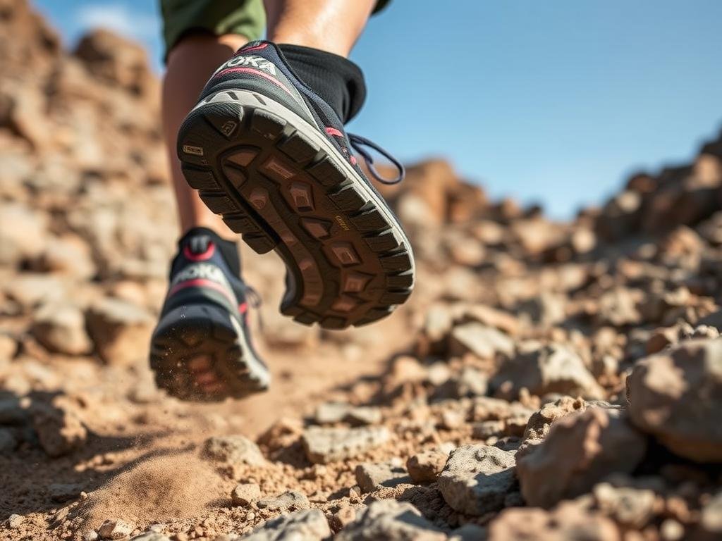 Hoka Speedgoat trail running shoes shown on rocky terrain, highlighting their aggressive tread pattern and durability