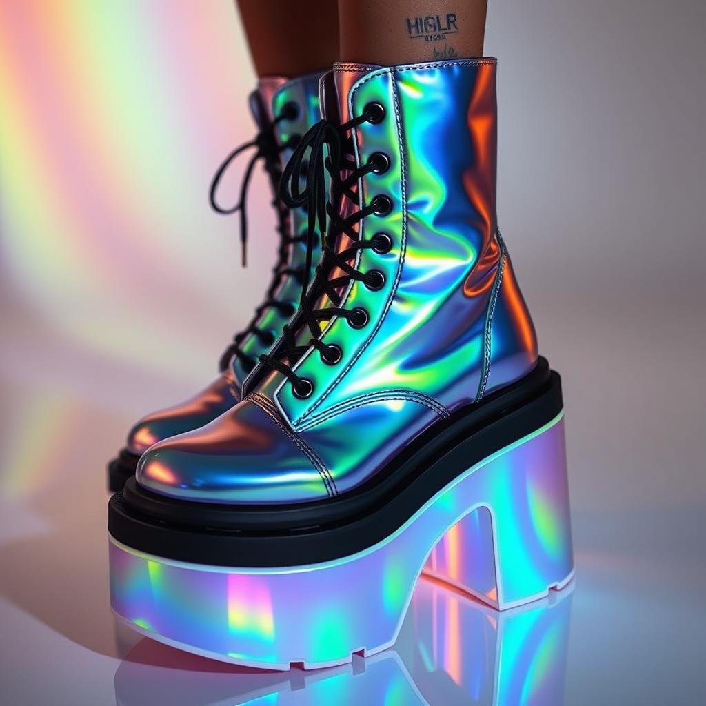 Holographic platform boots that create rainbow reflections as they catch the light