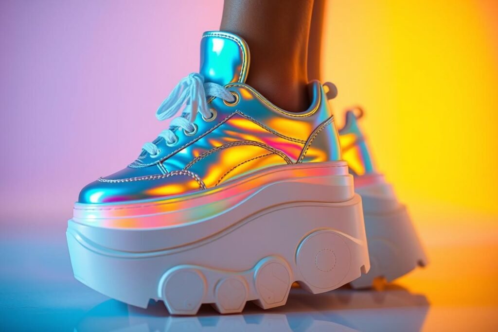 Holographic platform sneakers that change color in different lighting, showcasing innovative funky shoe design