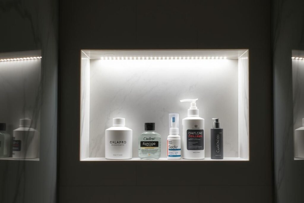 Illuminated shower niche with LED strip lighting