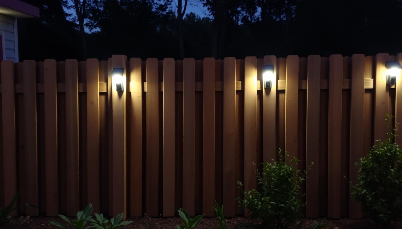 Illuminated wooden fence with solar lights creating a warm ambiance in a backyard garden at dusk