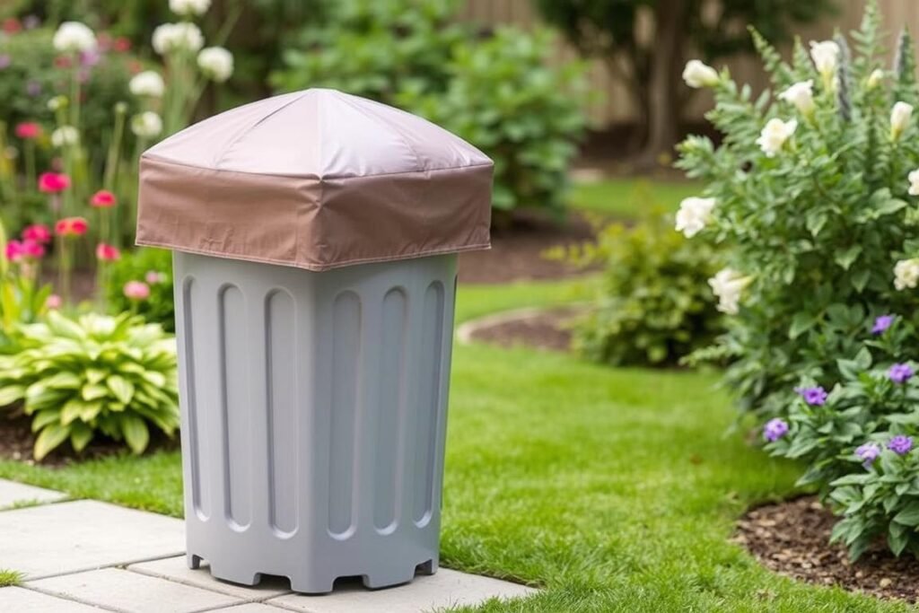 Individual garbage can cover with decorative features for outdoor use Individual garbage can cover with decorative features for outdoor use