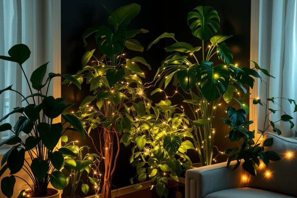 Indoor plants in a living room enhanced with fairy lights woven through their foliage, creating a magical effect