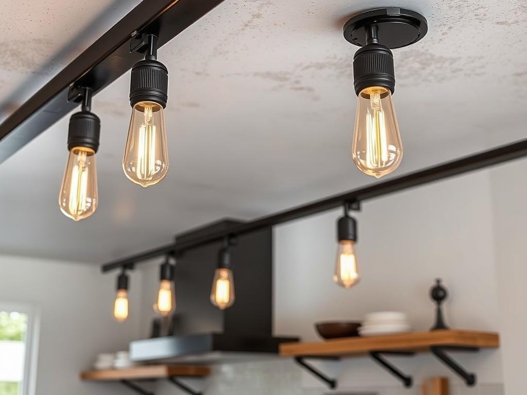 Industrial black track lighting with exposed bulbs