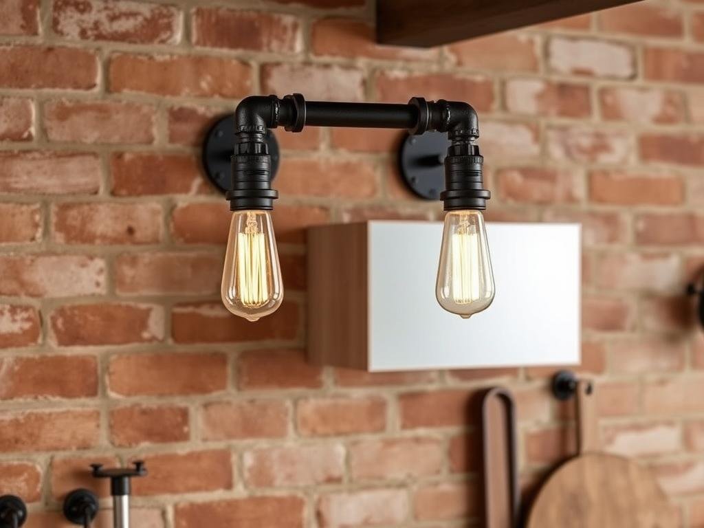 Industrial pipe-style wall sconces in a rustic kitchen