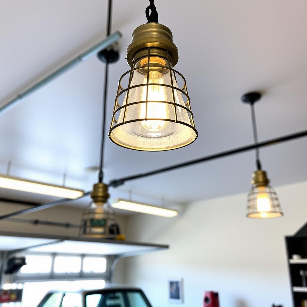 Industrial-style pendant lights hanging in a finished garage
