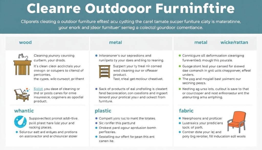 Infographic showing cleaning and maintenance tips for different types of outdoor patio furniture materials