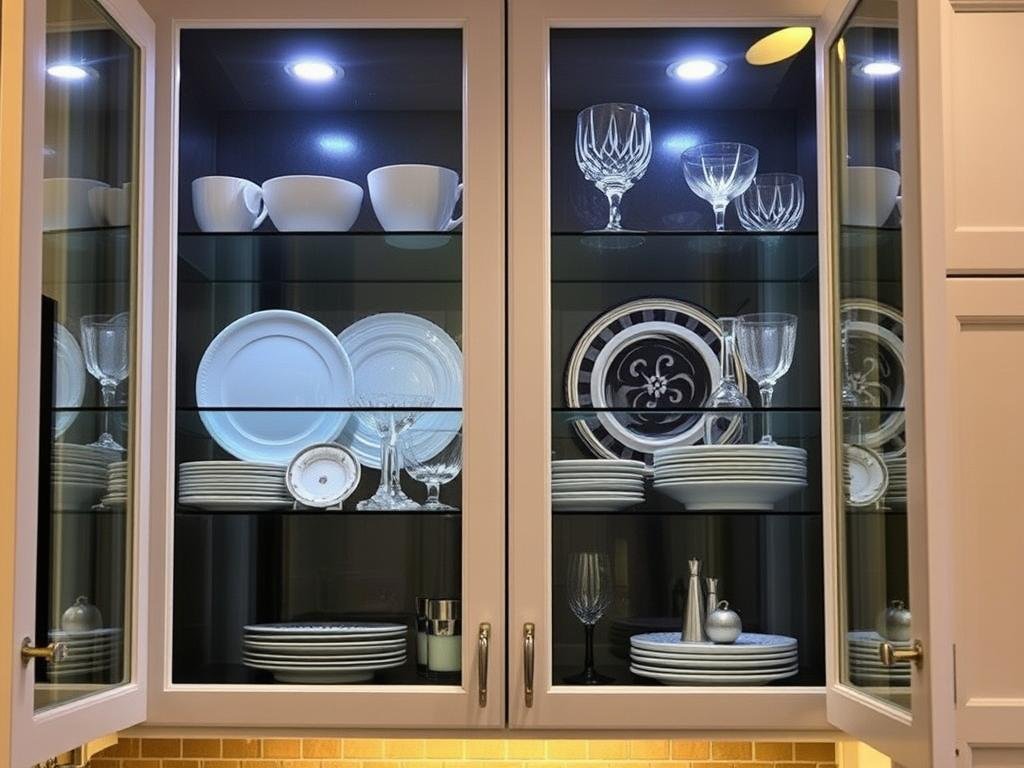 Interior cabinet lighting showcasing decorative items