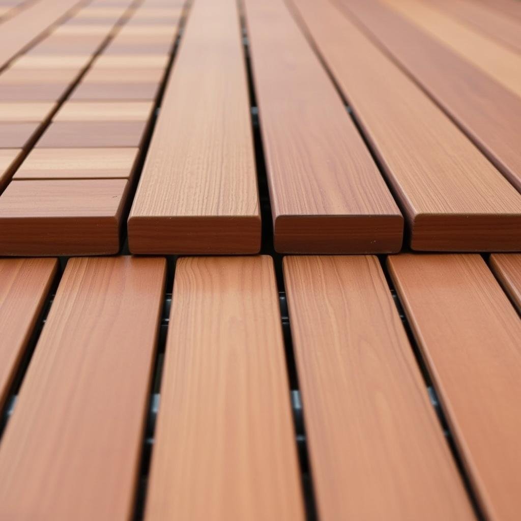 Interlocking wooden deck tiles creating a warm patio floor