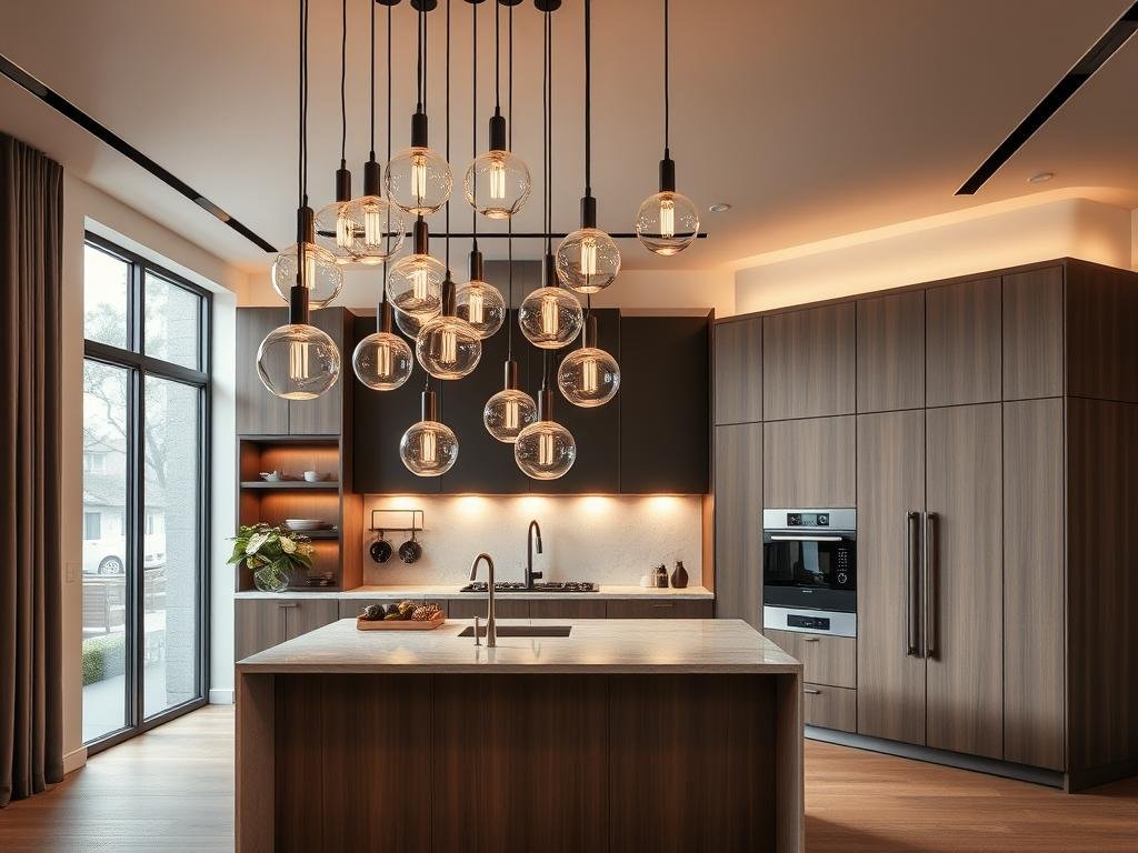 Kitchen island with cluster of pendants at different heights