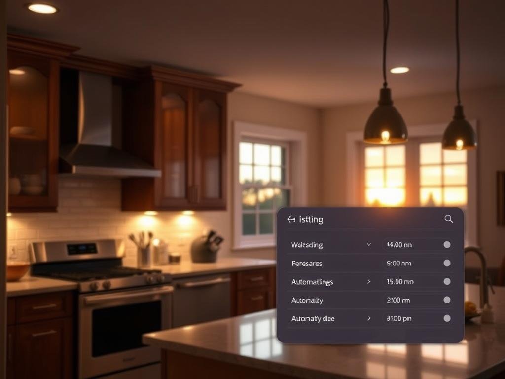 Kitchen with automated lighting turning on at sunset