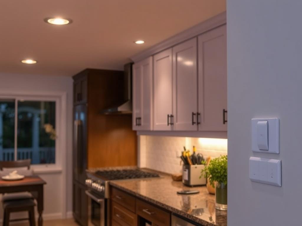 Kitchen with dimmable recessed lights creating ambient mood lighting